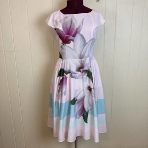 Ted Baker Bromile Magnolia Fit & Flare Dress Size 5 US 12 Graphic Spring Daytime